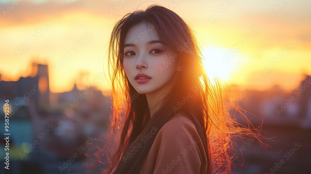 A beautiful Asian woman with long hair, posing on a rooftop with a city skyline at sunset. A beautiful Asian woman with long hair, posing on a rooftop with a city skyline at sunset.