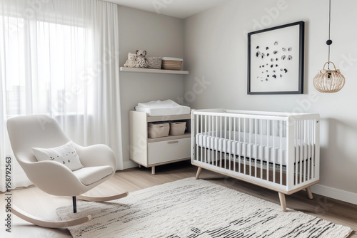 The room of newborn baby in sweet home . A sleek, minimalist bed with clean lines in white or natural wood stands alongside a coordinating storage unit with integrated shelves and drawers.
