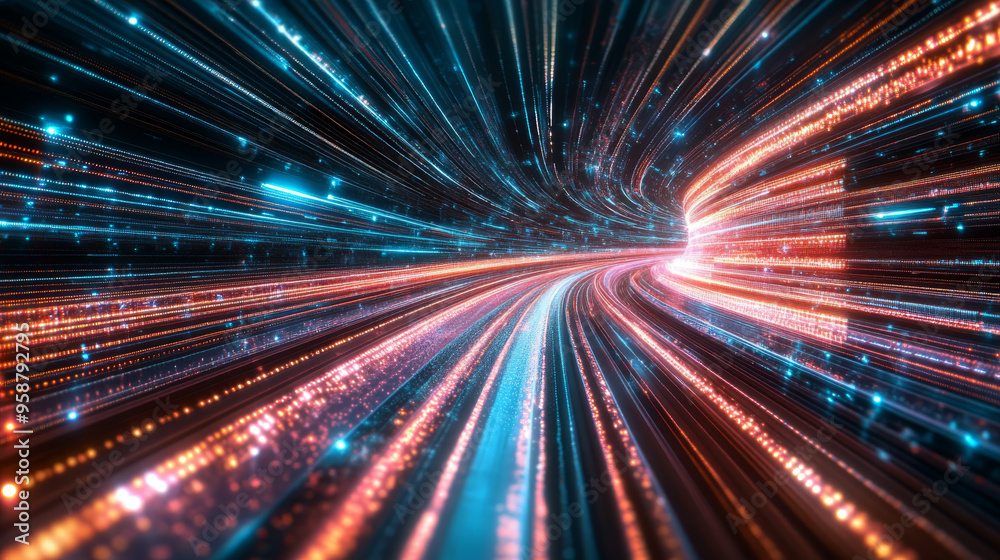 A digital world with lines of data flowing rapidly. This shows the speed of 5G wireless technology and how information moves quickly through virtual reality. A digital world with lines of data flowing rapidly. This shows the speed of 5G wireless technology and how information moves quickly through virtual reality.