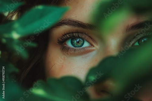 A green eye looks through green leaves with soft lighting, representing calmness and the beauty of nature