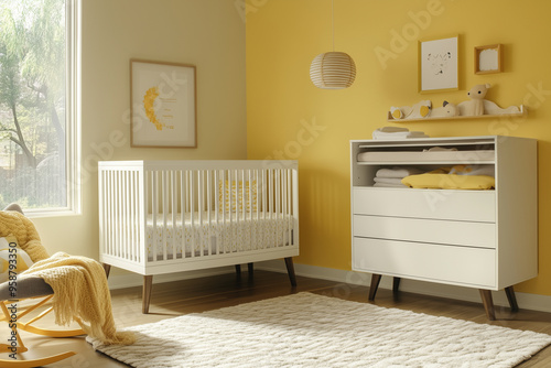 The room of newborn baby in sweet home . A sleek, minimalist bed with clean lines in white or natural wood stands alongside a coordinating storage unit with integrated shelves and drawers.