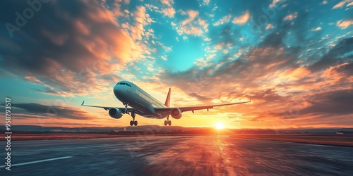A stunning image of an airplane landing on a runway with a vibrant and colorful sunset sky in the background.