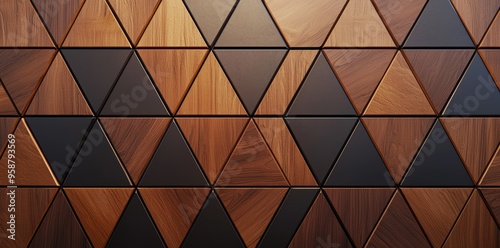 3D Wooden Pattern Panel, with Wooden Background for Wall. Abstract low poly background. Polygonal shapes background, geometric shapes with wood texture. photo