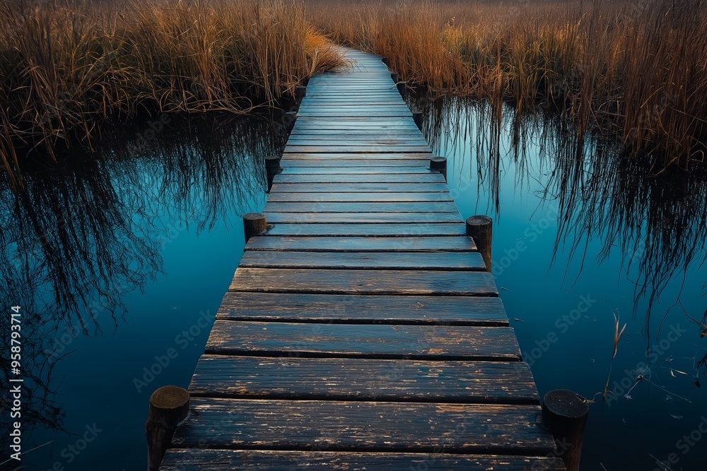Obraz premium A wooden pier stretches into a tranquil blue lake, surrounded by reeds and calm skies.