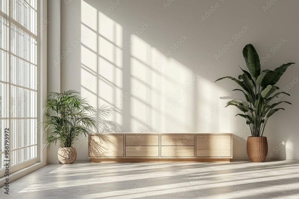 Fototapeta premium Minimalist Interior with Wooden Cabinet and Plants in Sunlight