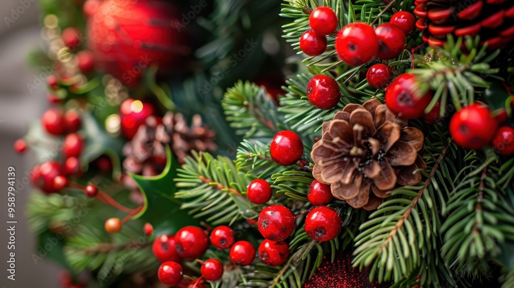 Festive Christmas wreath with vibrant red berries and pinecones, perfect for holiday decor and celebrations. Festive Christmas wreath with vibrant red berries and pinecones, perfect for holiday decor and celebrations.