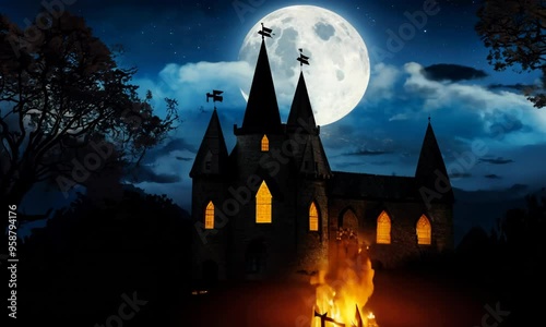 creepy old castle with full moon in the background. A small fire is burning in front of the evil witch's castle church. happy halloween video backgrounds. 4k looping animated backgrounds 4K Video