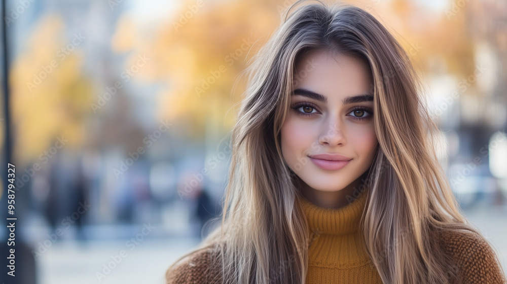 Young woman wearing a fall outfit, standing confidently in front of a blurred urban setting, fashionable and casual, wide banner design, perfect for fall fashion themes