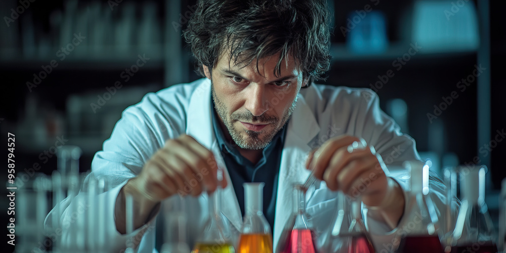 Focused Caucasian man in lab coat, working with test tubes and beakers. Focused Caucasian man in lab coat, working with test tubes and beakers.