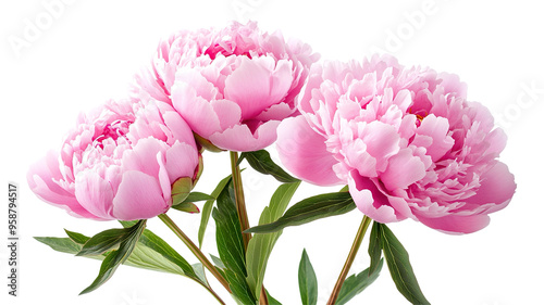 Fototapeta Naklejka Na Ścianę i Meble -  Fresh pink peony flowers with green leaves, cut out