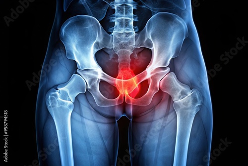 X-ray image showing a displaced intertrochanteric femur fracture, with the proximal femur bone broken into two pieces,