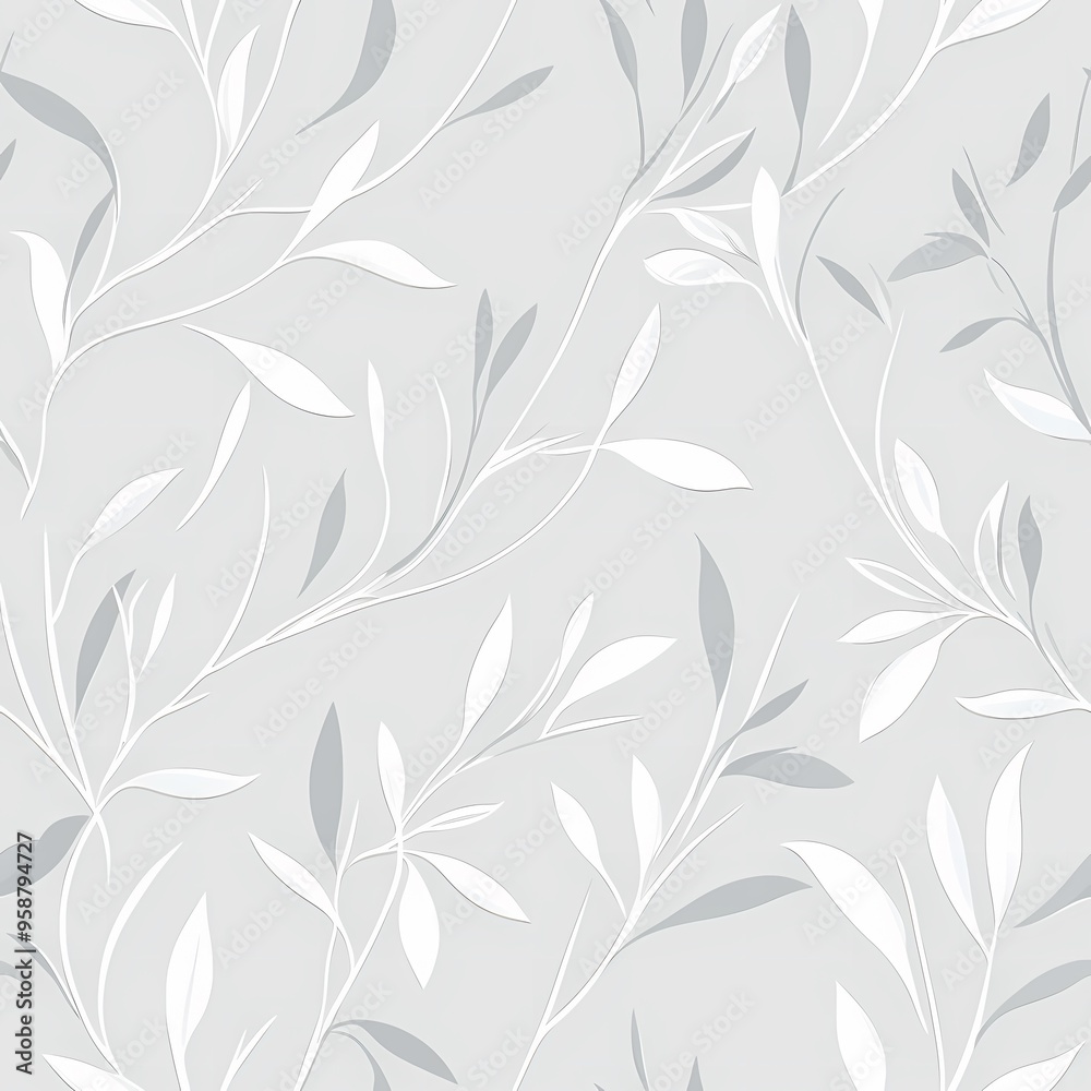 Delicate branches with white leaves on a soft gray background. Delicate branches with white leaves on a soft gray background.