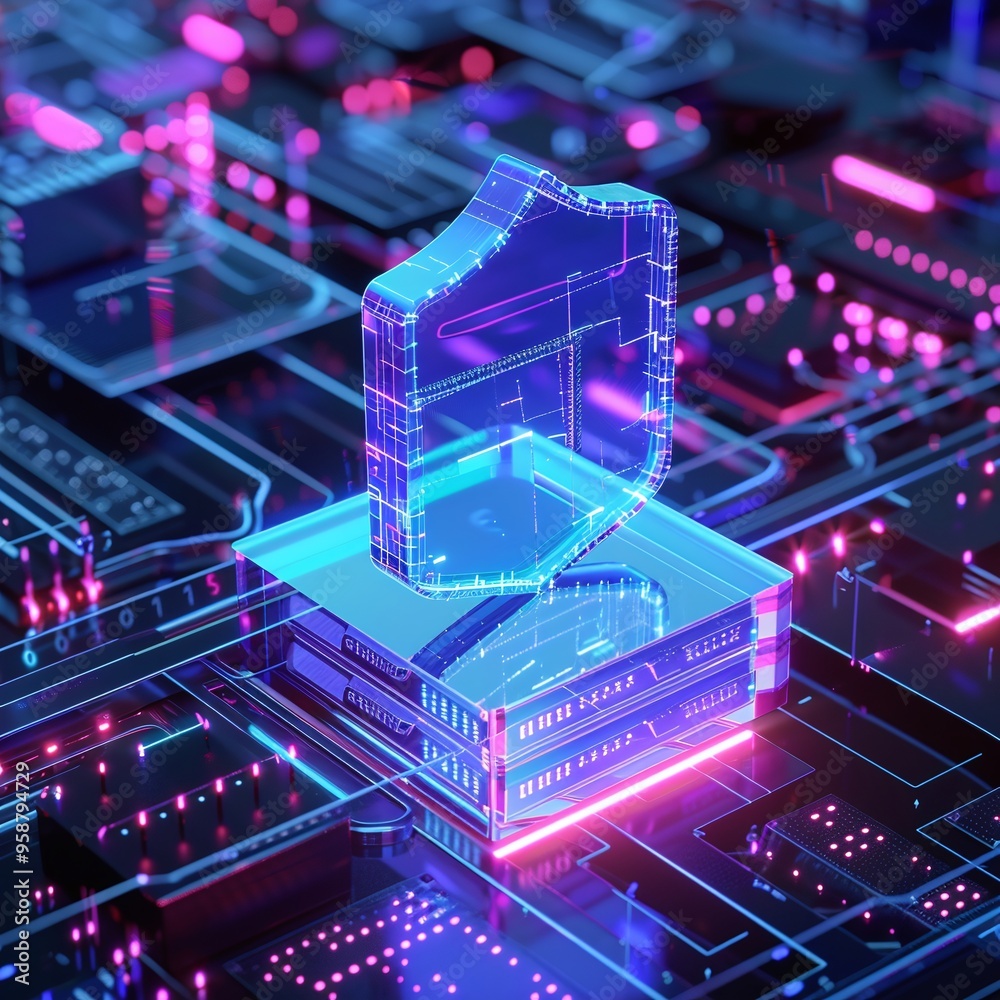 Digital shield hologram on a futuristic circuit board, symbolizing cybersecurity and data protection in the technology era. Digital shield hologram on a futuristic circuit board, symbolizing cybersecurity and data protection in the technology era.