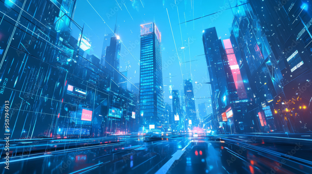 A futuristic city scene with a focus on technology, data security, and global connections. The design uses a low-poly style and a blue color scheme.
