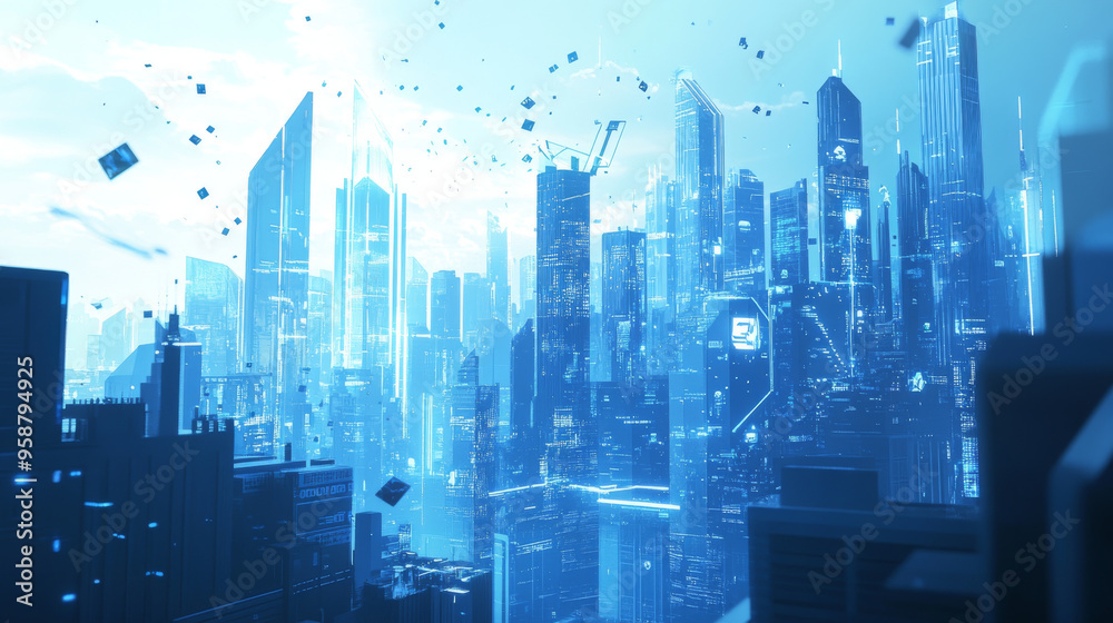 A futuristic city scene with a focus on technology, data security, and global connections. The design uses a low-poly style and a blue color scheme. A futuristic city scene with a focus on technology, data security, and global connections. The design uses a low-poly style and a blue color scheme.
