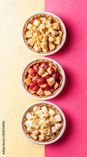 Three mini apple pies with different fillings, arranged in a row on a yellow and pink background.