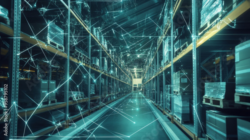 A futuristic design shows the flow of goods in a warehouse. The image uses triangles and lines to represent the complex process of moving and delivering products. photo