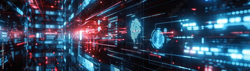 Futuristic digital interface with neon lights and data streams creating a high-tech environment, perfect for technology and innovation themes. Futuristic digital interface with neon lights and data streams creating a high-tech environment, perfect for technology and innovation themes.