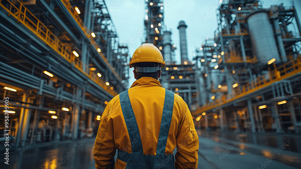 An engineer inspects pipelines and drilling rigs at a large factory behind a subsea facility. An engineer inspects pipelines and drilling rigs at a large factory behind a subsea facility.