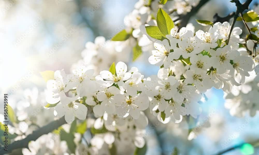 Close-up of delicate white cherry blossoms with green leaves, sunlight filtering through the branches. Close-up of delicate white cherry blossoms with green leaves, sunlight filtering through the branches.