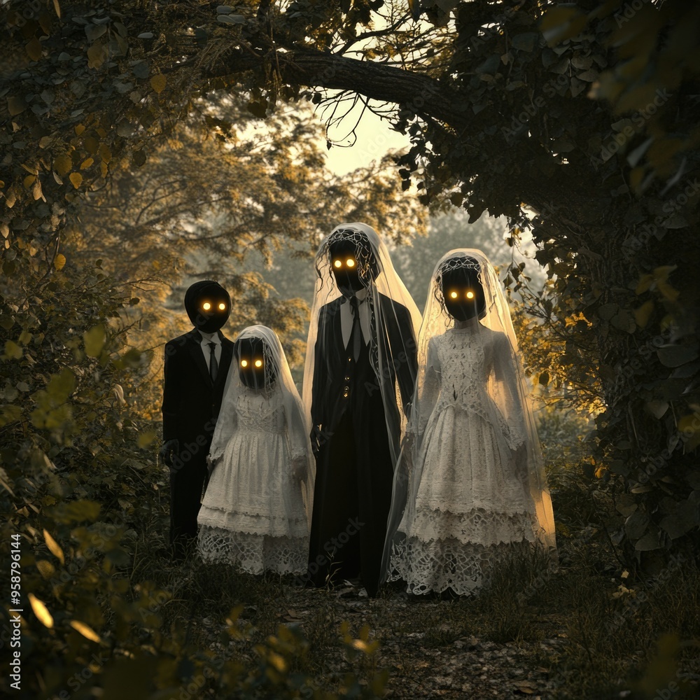 Ghostly Family Portrait Looking Up, Dramatic Lighting in a Spooky Forest with Glowing White Ghosts Ghostly Family Portrait Looking Up, Dramatic Lighting in a Spooky Forest with Glowing White Ghosts