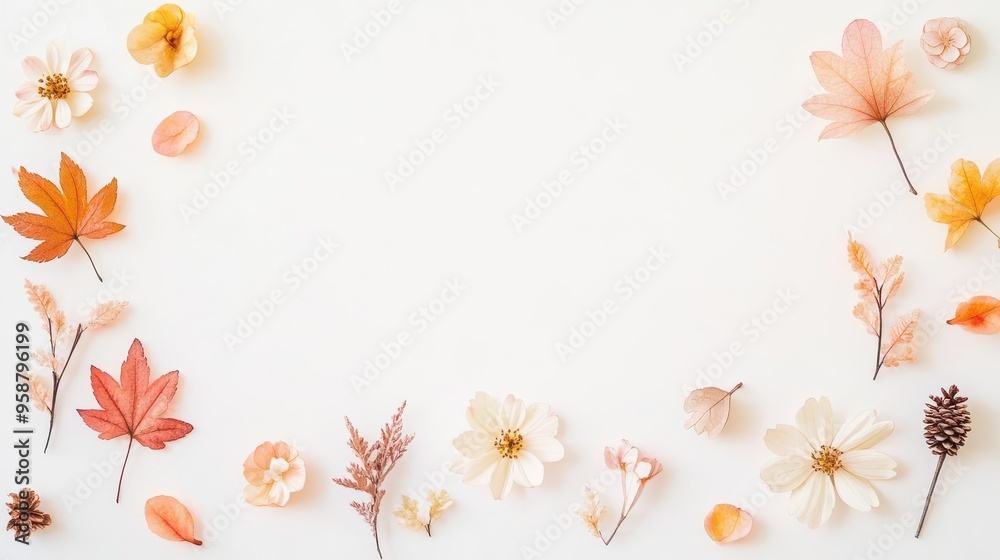 Autumn blossoms, pastel tones, arranged on a minimalist white backdrop, watercolor style
