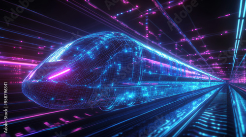 A futuristic, high-speed train is shown as a digital wireframe made of connected dots. The image uses blue and purple colors to represent modern technology and transportation.