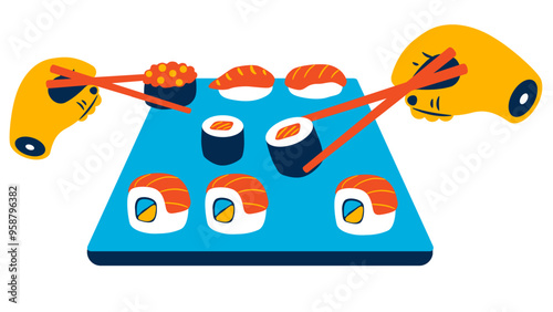 Hands eating sushi with chopsticks