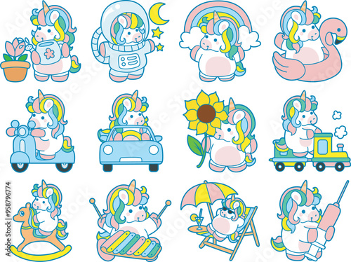 Illustration of cute unicorn activities icon.
Funny rainbow unicorn daily routine stickers.