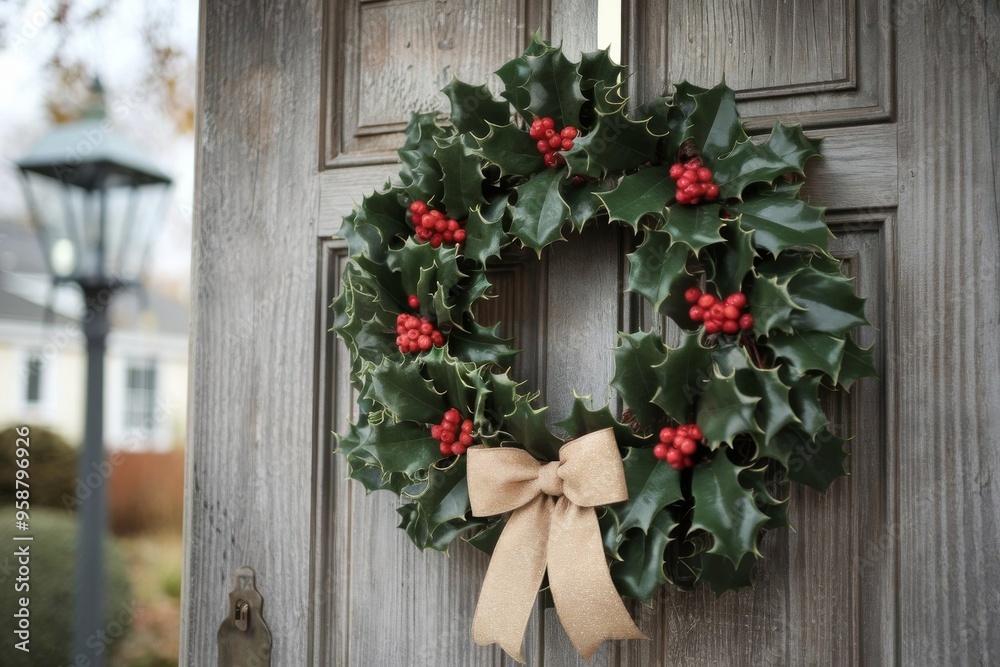 Fototapeta premium Christmas wreath with red berries and a golden ribbon on a wooden grey door, holiday decoration in winter setting, festive season concept