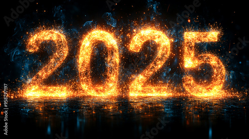 Happy New Year! Sparkling text "2025" is isolated on a black background