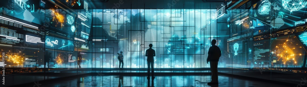 Fototapeta premium High-tech control room with people analyzing futuristic data screens, representing advanced technology and digital innovation.
