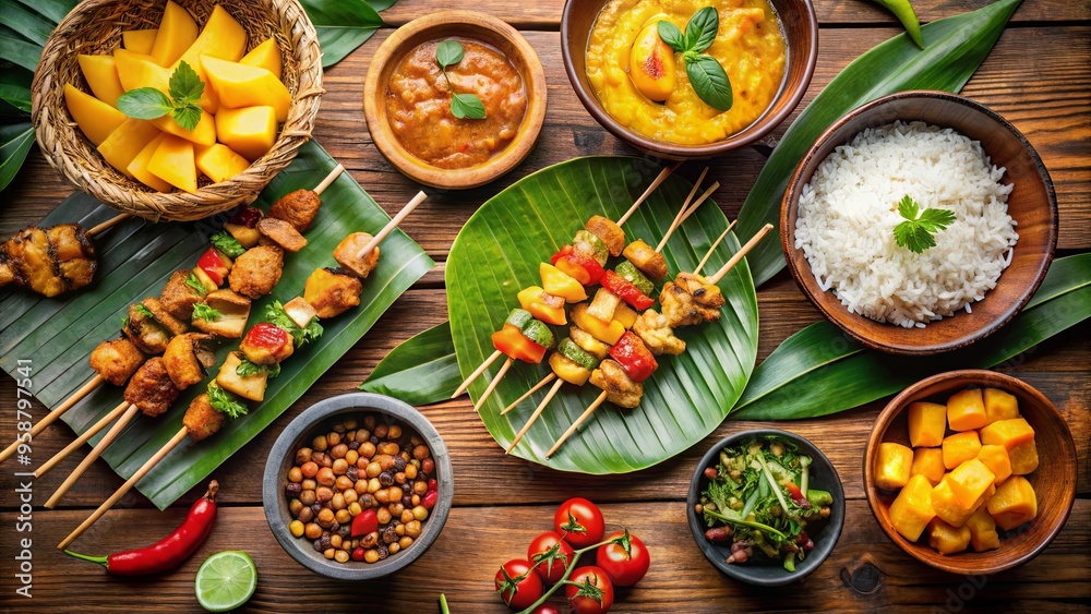 An overhead shot of a variety of Thai street food, featuring satay skewers, mango sticky rice, and spicy papaya salad