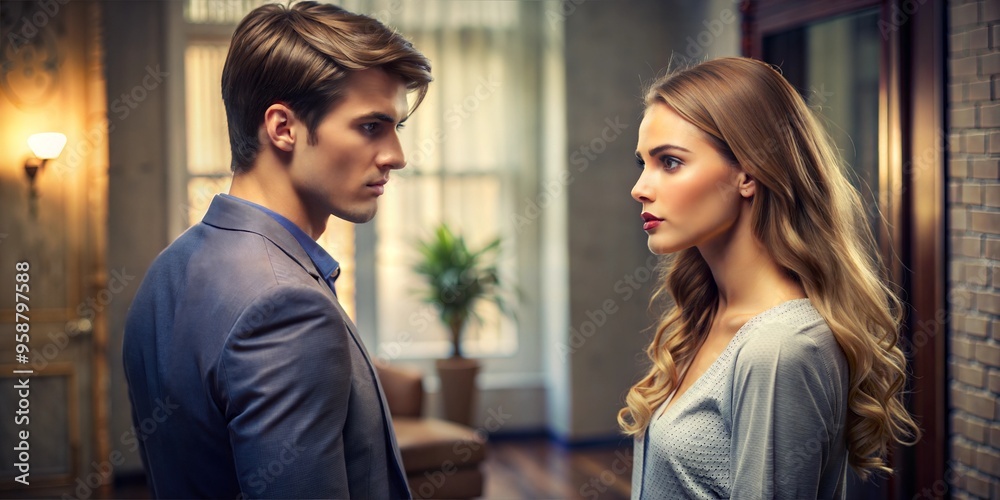 A man and a woman are standing in a room, the man is looking at the woman, and the woman is looking past him. A man and a woman are standing in a room, the man is looking at the woman, and the woman is looking past him.