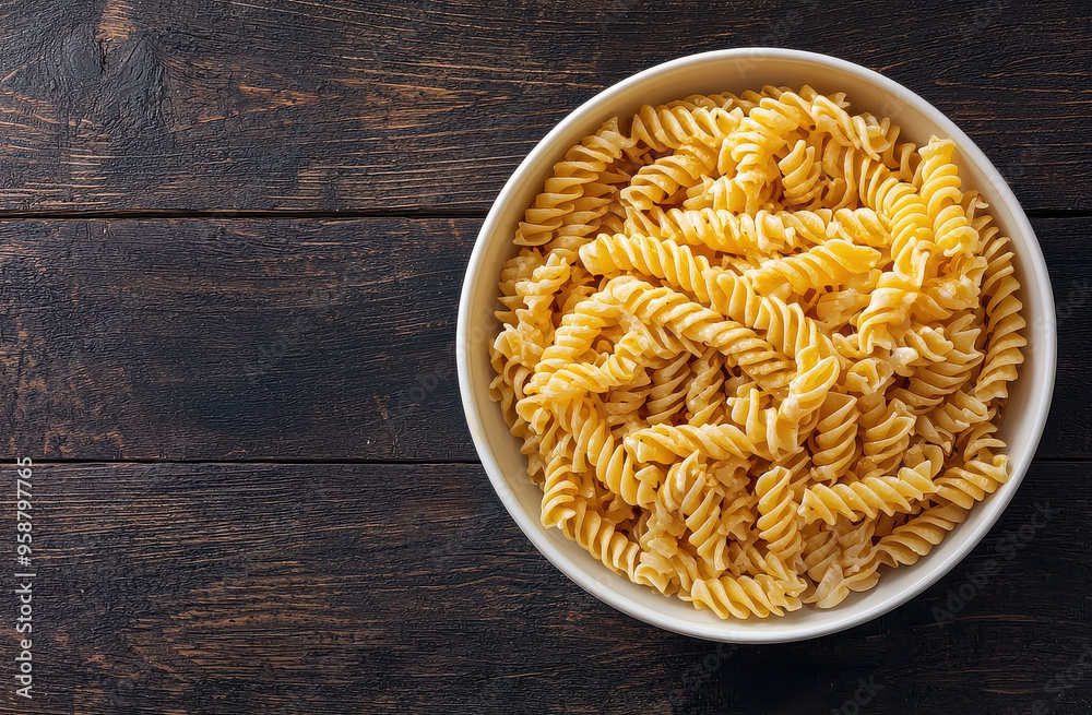 A close-up view of a bowl filled with al dente fusilli pasta, showcased against a dark rustic wooden table, highlighting the texture and shape of the pasta. A close-up view of a bowl filled with al dente fusilli pasta, showcased against a dark rustic wooden table, highlighting the texture and shape of the pasta.