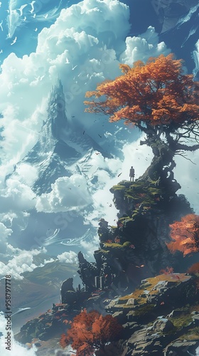 A lone figure stands on a cliff overlooking a majestic mountain peak, with clouds swirling around them and a vibrant red tree in the foreground.