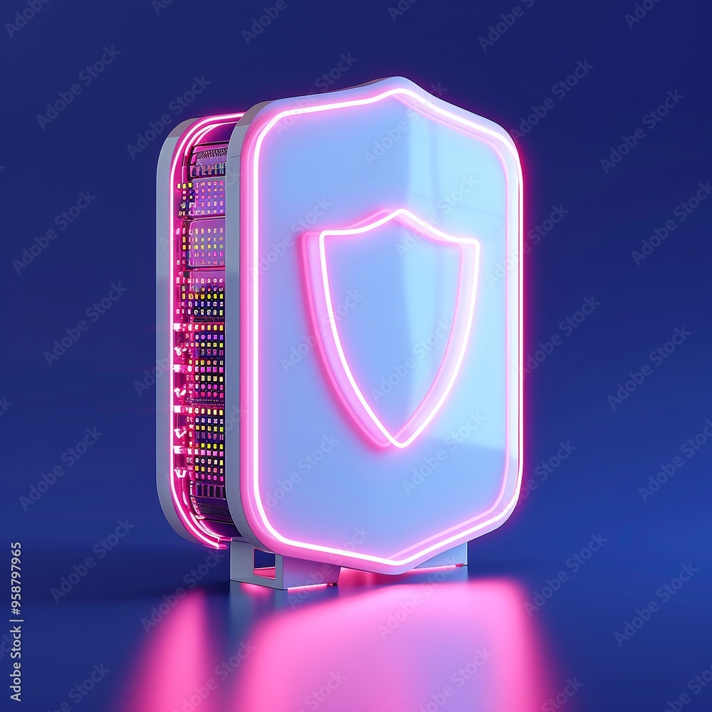 Futuristic cyber security server with neon shield symbol, on a reflected vibrant blue background. Digital data protection concept. Futuristic cyber security server with neon shield symbol, on a reflected vibrant blue background. Digital data protection concept.
