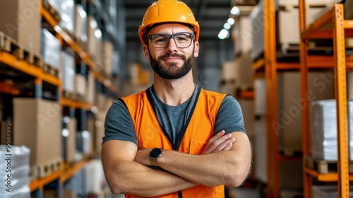 Confident warehouse worker in hard hat poses with crossed arms in modern storage facility.