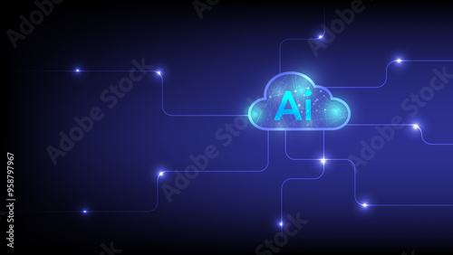 AI cloud icon connected by digital lines on a dark background, artificial intelligence, cloud computing, data networking. IT solutions, digital transformation themes Futuristic