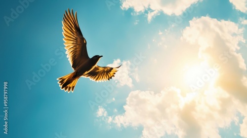 A bird soars gracefully through the sky against a backdrop of a bright sun and fluffy white clouds, symbolizing freedom and tranquility.