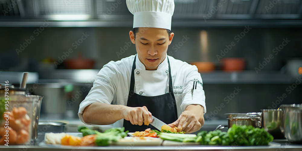 Dedicated Asian man in chef hat, meticulously slicing ingredients at food prep station.