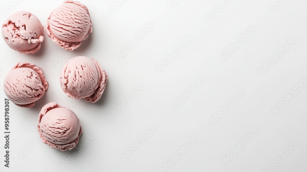 A minimalist display of pink ice cream scoops on a clean surface. A minimalist display of pink ice cream scoops on a clean surface.
