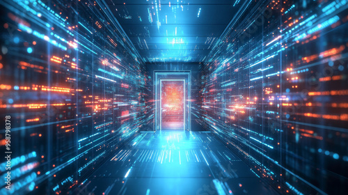 A glowing doorway in a digital tunnel, surrounded by the lights of a data center. This futuristic image represents a gateway to the metaverse, a virtual world powered by advanced technology.