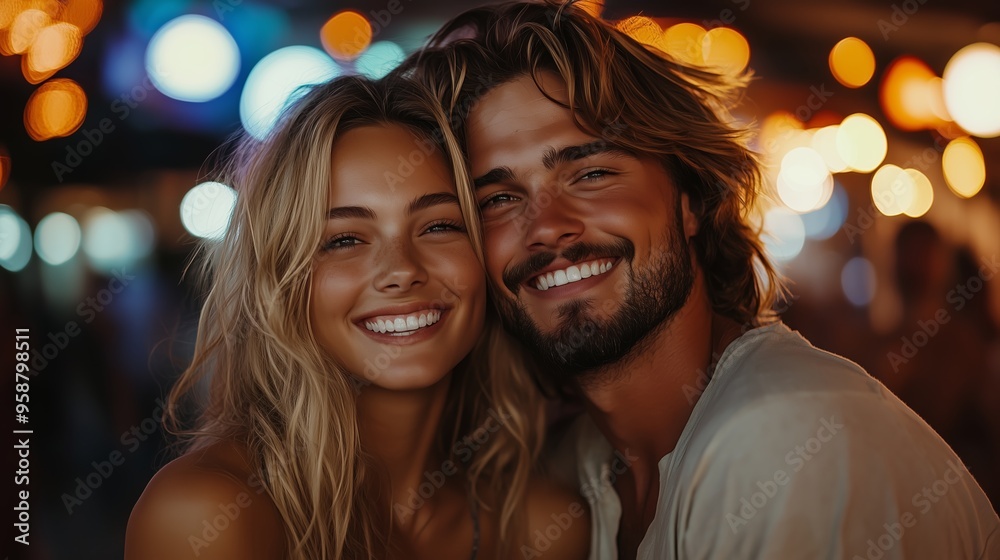 Couple enjoying a joyful moment together at a vibrant outdoor gathering with colorful lights in the evening Couple enjoying a joyful moment together at a vibrant outdoor gathering with colorful lights in the evening