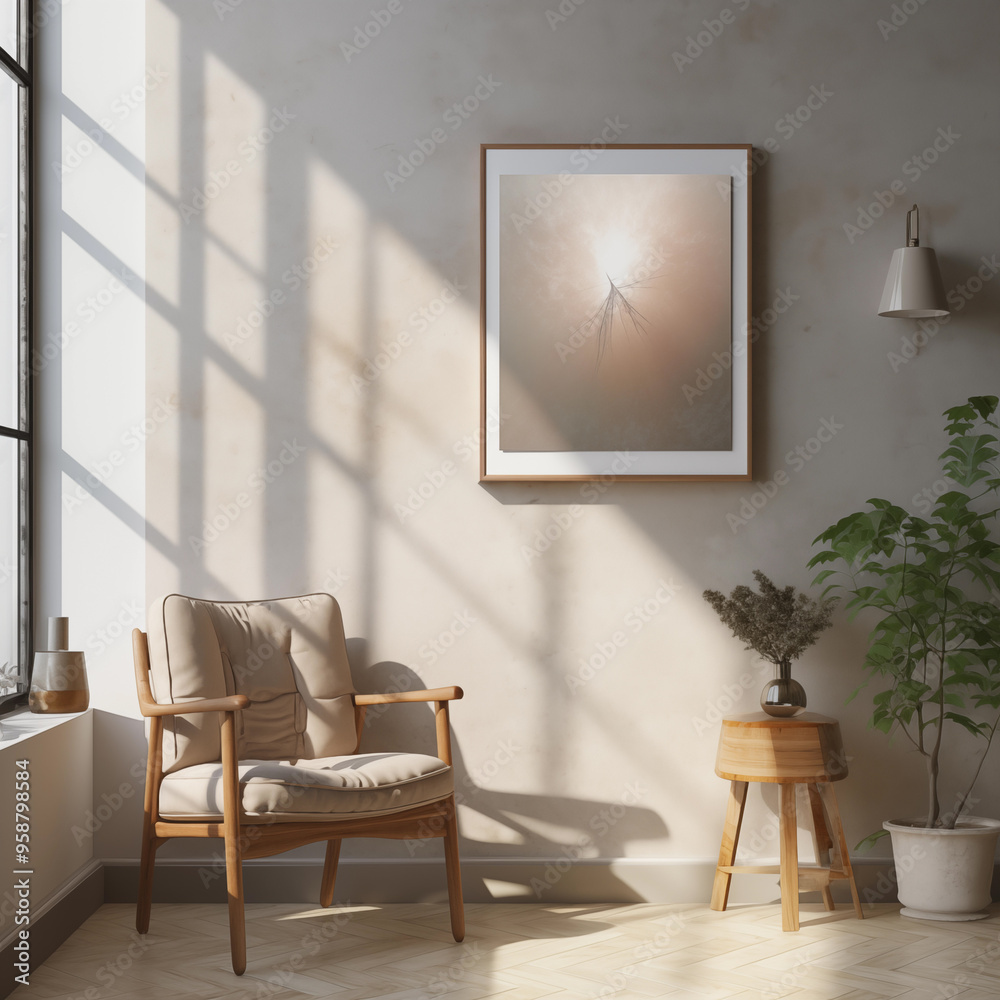 Minimal style living room with light shining through the window, warm tones Minimal style living room with light shining through the window, warm tones