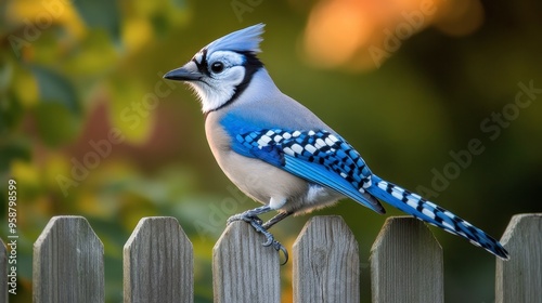 A beautiful blue jay perched on a fence, with striking blue and white plumage, looking alert and curious.