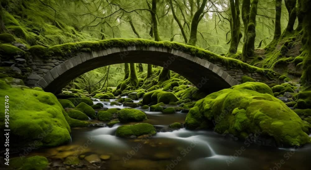 old stone bridge covered in moss over a small stream in a tranquil green forest