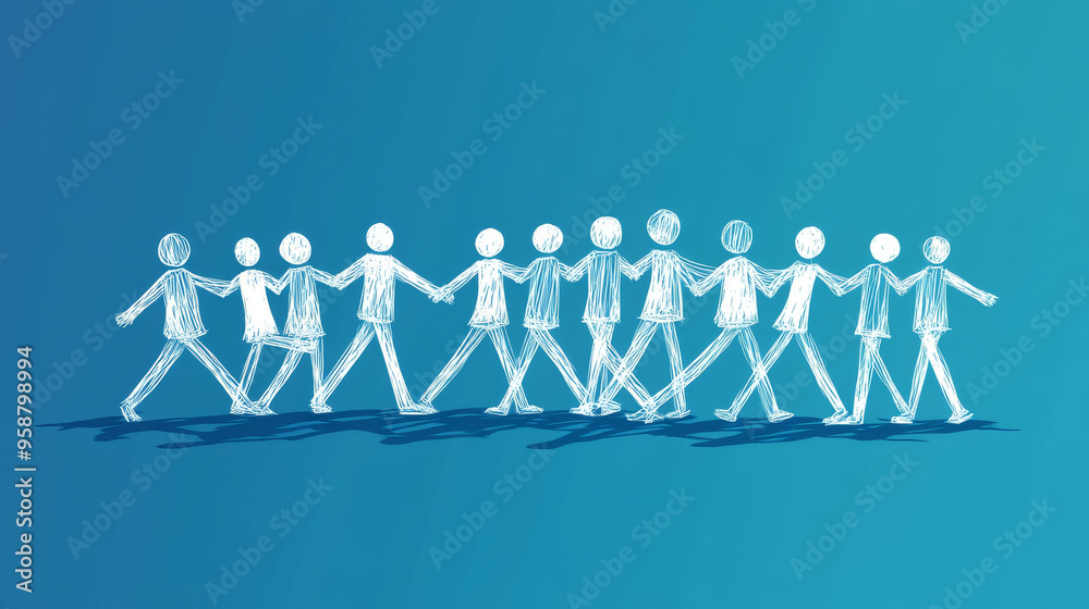 A group of people, made of simple lines and shapes, work together on a blue background. They show how teamwork and friendship can lead to success. A group of people, made of simple lines and shapes, work together on a blue background. They show how teamwork and friendship can lead to success.