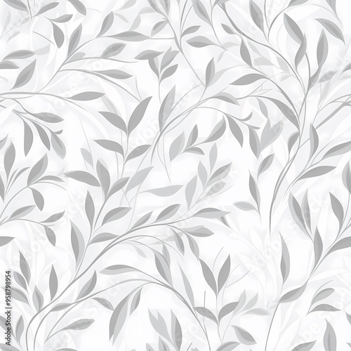 Delicate branches with white leaves on a soft gray background.