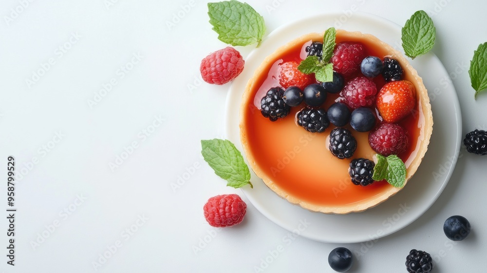 A delicious fruit tart topped with various berries and mint leaves. A delicious fruit tart topped with various berries and mint leaves.